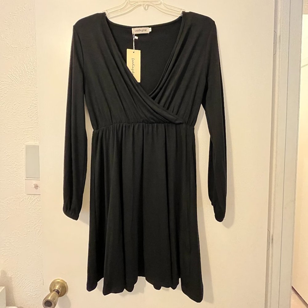 Black faux wrap flowy dress with long sleeves